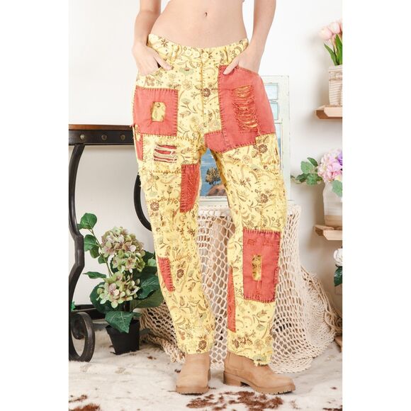 Mined Out Patchwork Floral Print Distressed Pants - Picture 2 of 3